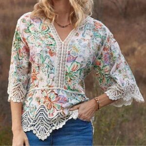 Democracy Printed Peplum Top Crochet Trim 3/4 Sleeve Size Large